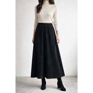 Vintage Black Suede Maxi Skirt Elastic Waist A-Line Leather 90s